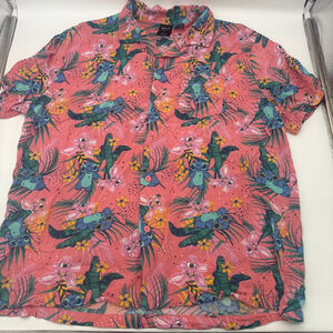 Men's Disney Stitch Pink & Green Tropical Casual Button Down Shirt XXL